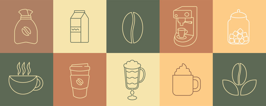 Geometric coffee pattern in a minimalist style. Bright  coffee icons, line design. Abstract print background with simple shapes for coffee shop, food packaging, cafe wall, menu.