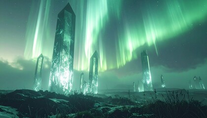 Tall glowing green crystal monoliths stand on a rugged icy landscape under vibrant northern lights and a starry sky