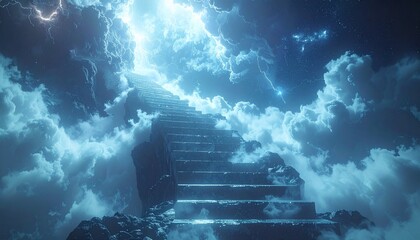 A grand stone staircase ascends into a luminous stormy sky filled with bright blue lightning and ethereal clouds