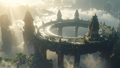 Ancient circular temple structure emerges from misty clouds with sun rays piercing the sky