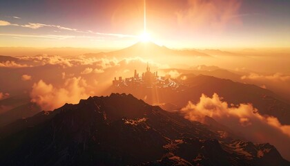 Futuristic city panorama with towering skyscrapers nestled among mountains under a bright sunrise