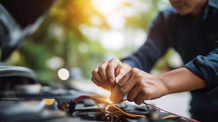 Faceless focused mechanic hands under open hood wiring and components inspection outdoor auto repair hands on skill precision technical troubleshooting work defocused vehicle