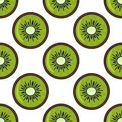 Fototapeta premium Seamless vector pattern of vibrant kiwi slices with detailed core and textured pulp on a clean white background.
