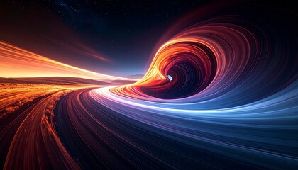 Swirling abstract light trails create a vortex shape against a dark starry sky