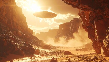 Unidentified flying object hovering above a desert canyon landscape with atmospheric dust