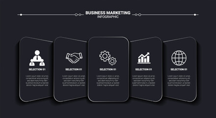 Sleek Business Marketing Infographic Template with Five Steps for Strategy, Growth, and Global Reach Presentation