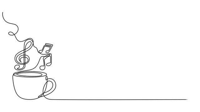 Animated self drawing of continuous line draw Cup of coffee with musical notes. Music cafe concept. Full length one line animation. 4K, Coffee shop or music cafe design element, Hot drink with steam