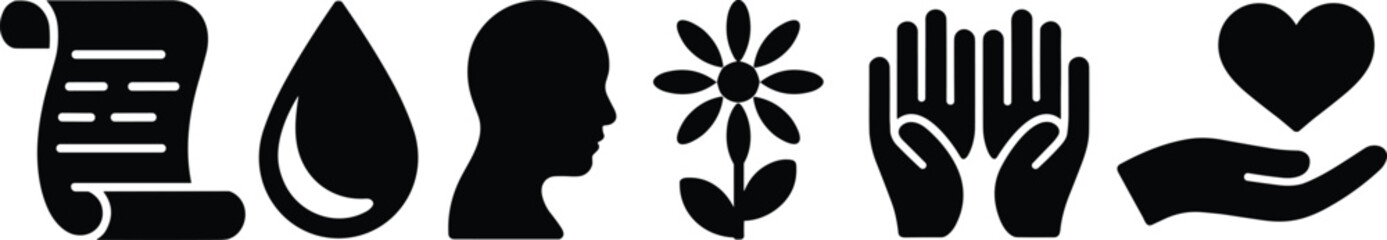 Black Silhouette Icons Scroll Drop Head Flower Hands Heart in Hand vector illustration