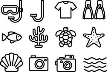 Collection of 12 underwater and beach activity icons on a white background Keywords: mask © SUMAIA