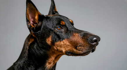  a close-up portrait of a Doberman Pinscher dog. The dog is facing towards the right side of the image, with its head turned slightly to the left