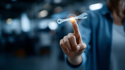 Faceless hand interacting with digital wrench screwdriver overlay repair maintenance interface technical support visualization service tool concept professional assistance