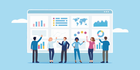 Team collaborating on data analysis and visualization displayed on a large screen