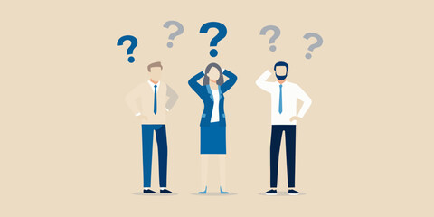 People pondering with question marks hovering above their heads seeking answers