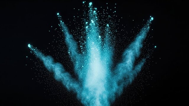 Explosion of vibrant blue powder and glowing particles scattering upwards against a stark black background creating an ethereal and dynamic light display with smoke trails - Powered by Adobe
