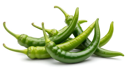 A vibrant pile of fresh green chili peppers, expertly isolated on a clean white background, showcasing their natural beauty and potential for adding a fiery kick to any culinary creation
