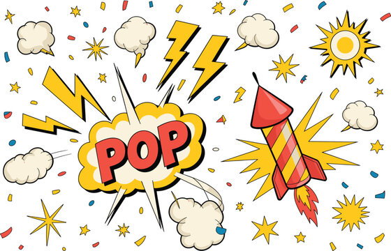 Comic Style Pop Art Celebration Explosion with Firework Rocket and Stars vector illustration