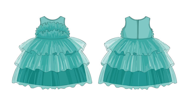 Elegant Turquoise Tiered Dress Design Illustration Showing Front and Back Details for Fashion or Textile Projects