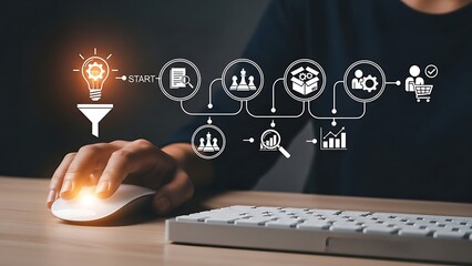 Digital marketing funnel visualization with hand using computer mouse and keyboard illustrating lead generation customer journey and business growth with glowing icons