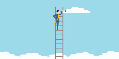 Man climbing a ladder looking through binoculars at clouds in the sky