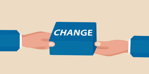 Hands exchanging a blue card with the word change written on it