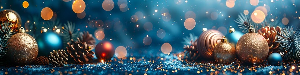 Panoramic Christmas and New Year's Eve celebration background with baubles, pine cones, and bokeh lights