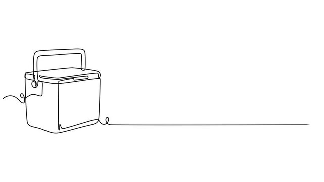Cooler in one continuous line simple linear style. Editable stroke, Ice Cooler with White Lid and Black Handle animation continuous one line drawing, A black and white line drawing of a cooler It