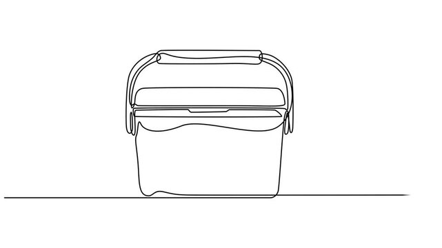 Cooler in one continuous line simple linear style. Editable stroke, Ice Cooler with White Lid and Black Handle animation continuous one line drawing, A black and white line drawing of a cooler It