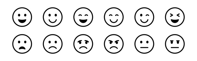 A comprehensive set of line art emoji icons, depicting various facial expressions from happy to sad and angry.