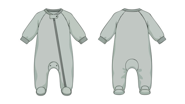 Infant Zip-Up Footed Pajamas Technical Flat Fashion Illustration Template for Baby Clothing Design and Manufacturing
