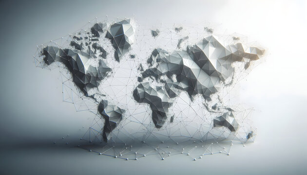 Abstract low poly world map background, global network connection concept, 3d white geometric shapes, digital communication technology