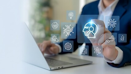 Businessman interacting with a futuristic holographic interface displaying artificial intelligence and biometric icons representing technology and innovation in a modern office setting