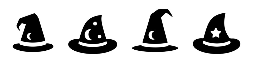 Fototapeta premium A collection of wizard hat icons in black silhouette, depicting different styles of pointy hats.