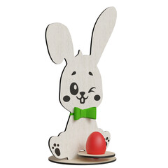 Cute wooden bunny holding red egg with green bow tie for seasonal decoration display