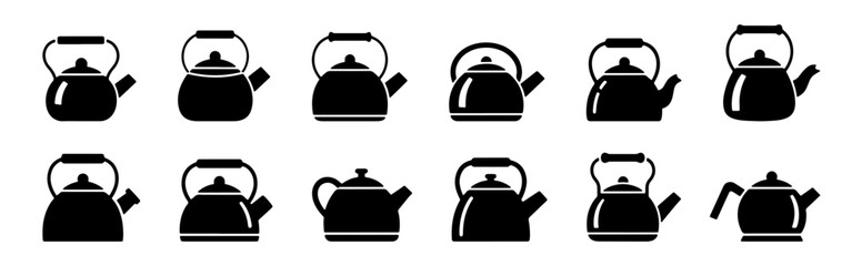 Obraz premium A diverse collection of teapot icons in black silhouette, showing various shapes and handle designs.