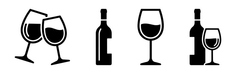 A set of wine bottle and wine glass icons in black silhouette, including a corkscrew and a toasting scene.