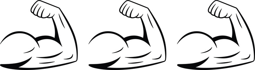 Three Flexing Bicep Muscle Icons on White Background Keywords: arm, muscle, bicep, flex