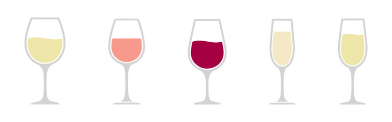 A collection of wine glass and champagne flute icons, showing different wine colors: white, rosé, and red.