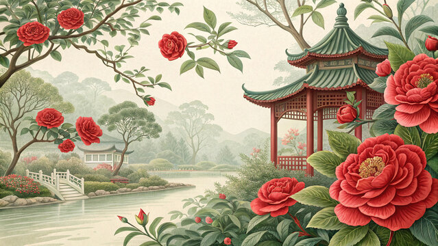 Traditional chinese garden landscape with red peony flowers and elegant wooden pagoda by river - Powered by Adobe