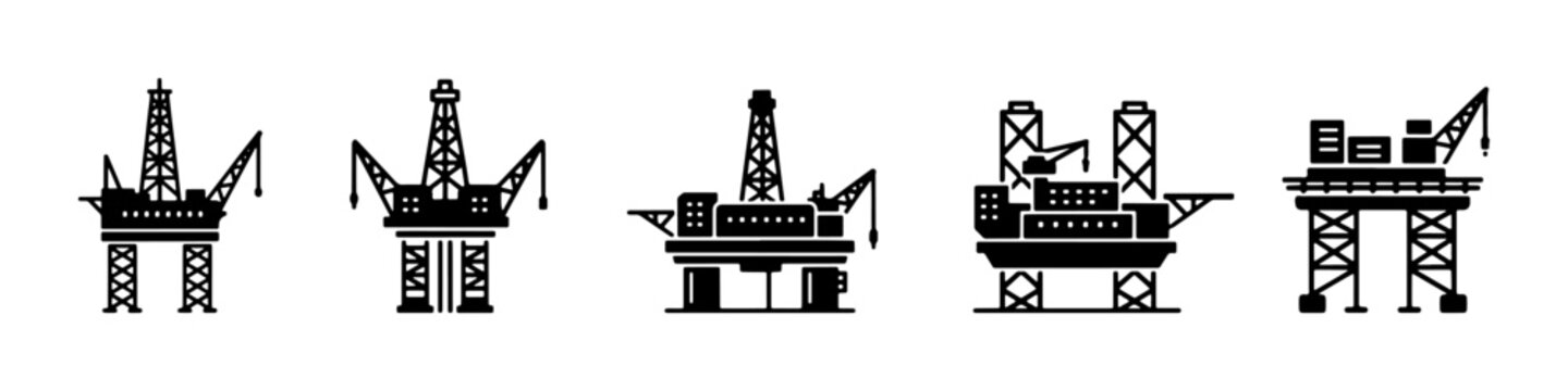 A collection of offshore oil rig platforms in black silhouette, depicting various designs and structures.