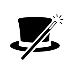 Fototapeta premium A black silhouette icon of a top hat with a magic wand resting on it, symbolizing magic and illusion.