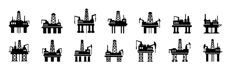 A collection of offshore oil rig platforms in black silhouette, depicting various designs and structures.