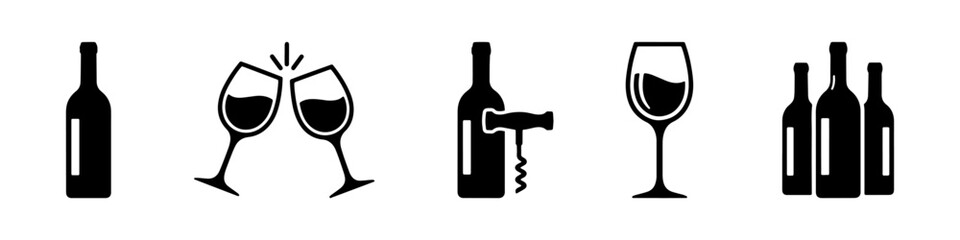 A set of wine bottle and wine glass icons in black silhouette, including a corkscrew and a toasting scene.
