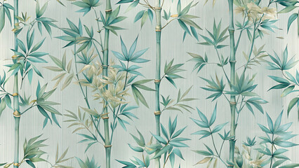 Seamless illustration of bamboo forest with stalks and leaves in shades of teal and mint green