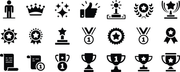 Award icons, achievement symbols, recognition vector set, trophy and medal design, excellence illustration, black silhouette, success graphic, flat style