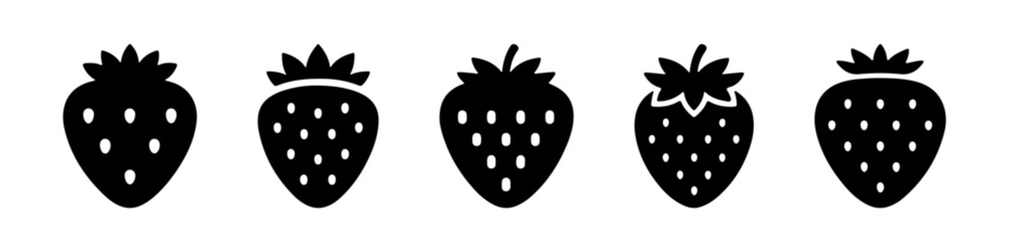 A collection of black strawberry silhouettes, showing various shapes and details.