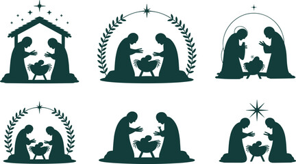 Nativity scene, Christmas silhouette, holy family illustration, manger design, religious festive art, Bethlehem star, spiritual theme, vector content, flat style, celebration