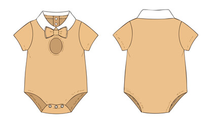 Elegant baby romper template with bow tie and collar ideal for fashion design projects, with front and back views showcasing precise details and