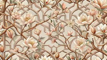 Seamless pattern features exquisite blush floral motif delicate branches and blooming magnolia blossoms over beige geometric lattice background