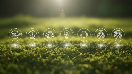 Abstract digital icons representing financial growth and investment opportunities are reflected on a blurred green grassy surface with a soft lens flare overhead