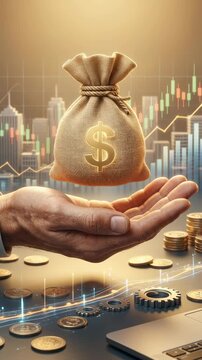 An open hand of investor, holding money bag over the stock chart, financial prosperity concept.